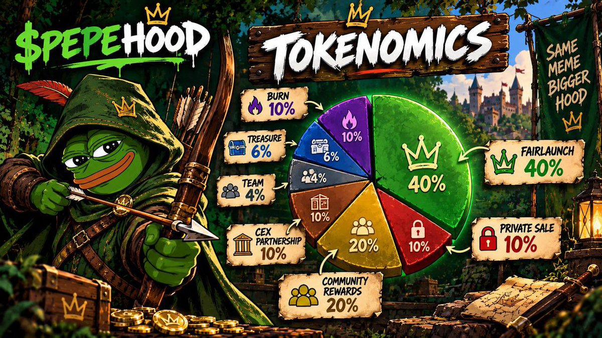 PepeRobinhoo's tweet photo. 🐸 $PEPEHOOD TOKENOMICS ARE HERE!

The distribution is officially revealed. Transparency, community rewards, and the growth of the hood are at the core of the plan.

🟢 Fairlaunch — 40%
🟢 Community Rewards — 20%
🔒 Private Sale — 10%
🤝 CEX Partnership — 10%
🔥 Burn — 10%
💰 Treasure — 6%
👥 Team — 4%

Same meme. Bigger hood. 🏹