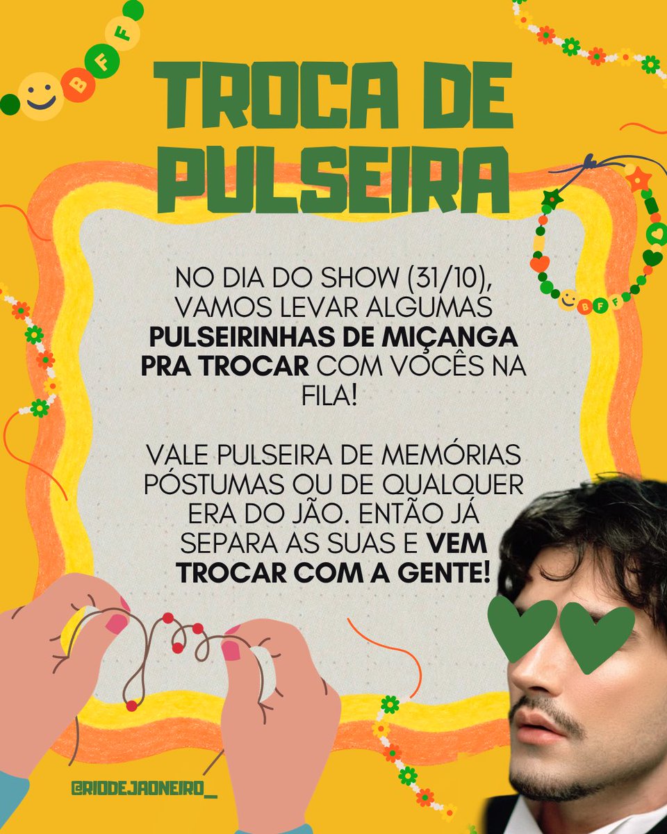 riodejaoneiro_'s tweet photo. LOBOS, QUEM VAI TROCAR PULSEIRINHA COM A GENTE? 👀 

No dia 31/10, estaremos na fila do show com algumas pulseirinhas de miçanga pra trocar! 

Já prepara a sua e vem fazer uma troca com a gente! 🫂✨ https://t.co/yTEQ67chbJ