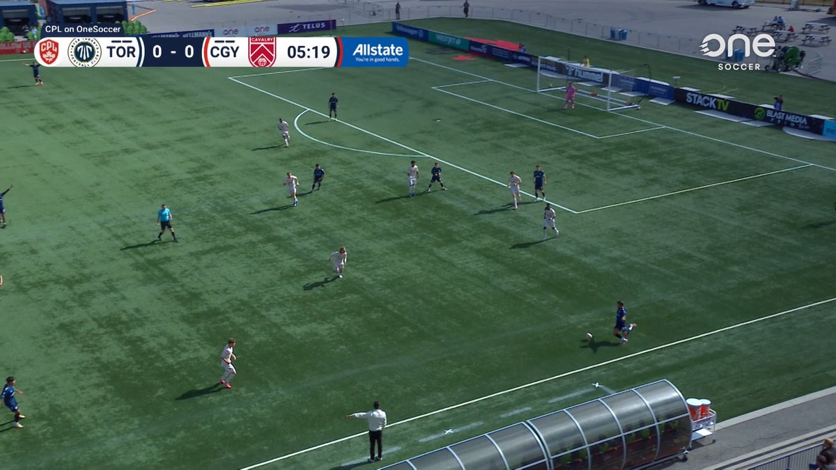 A screenshot from a OneSoccer broadcast of a Canadian Premier League soccer match between TFC (Toronto FC) and CGY (Calgary), with the score 0-0 at 05:19 and an Allstate sponsor logo visible.