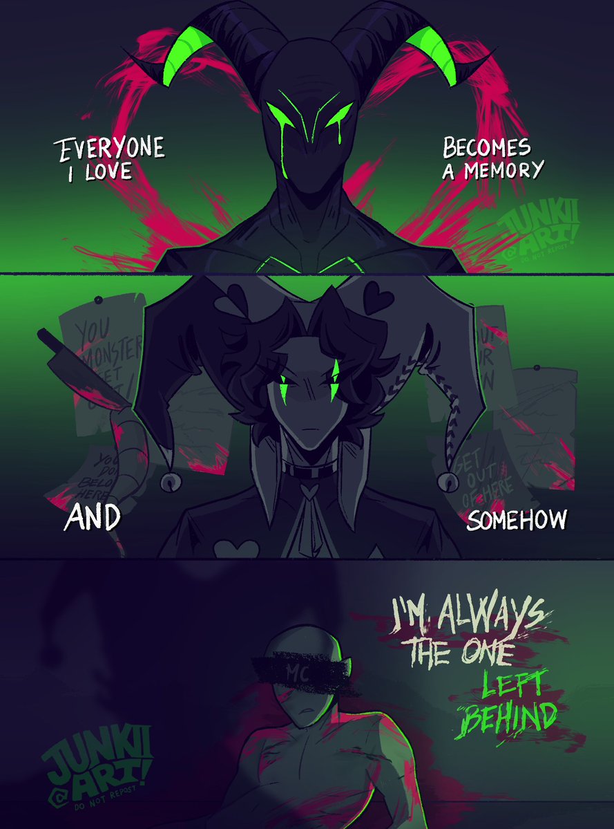 junkiiart's tweet photo. “I’m always the one left behind…” 🦎💚
I wanted to make something angst about the new comic, experiment with colors was so fun

#tfc #thefreakcircus #thefreakcircusharlequin https://t.co/PdsOkjolA7