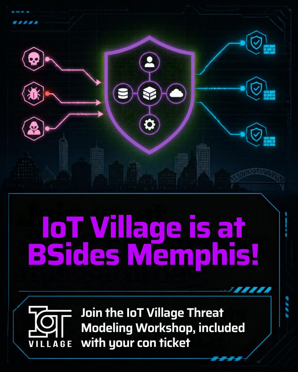 IoTvillage's tweet photo. Good morning from Memphis! Stop by #BSIDESMEMPHIS to join our threat modeling workshop!🎟️ https://t.co/l7pAL1phS5