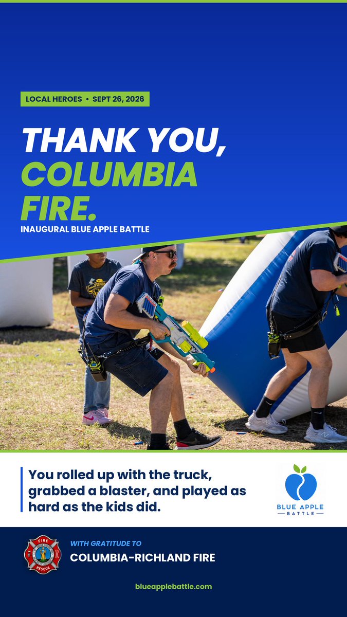 BlueAppleBattle's tweet photo. Last Saturday was the first Blue Apple Battle. Thank you, @ColaFire. You rolled up with the truck, grabbed a blaster, and played as hard as the kids did. #BlueAppleBattle #LocalHeroes https://t.co/sVct6a8jUQ