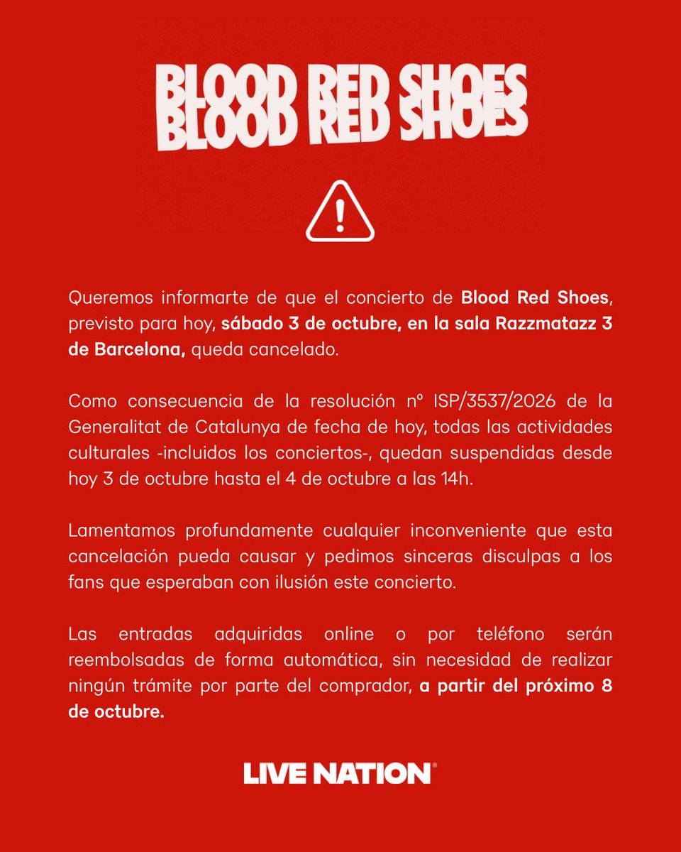 LiveNationES's tweet photo. ⚠️ Información importante sobre el concierto de Blood Red Shoes en Barcelona. https://t.co/nYqKQrvppX