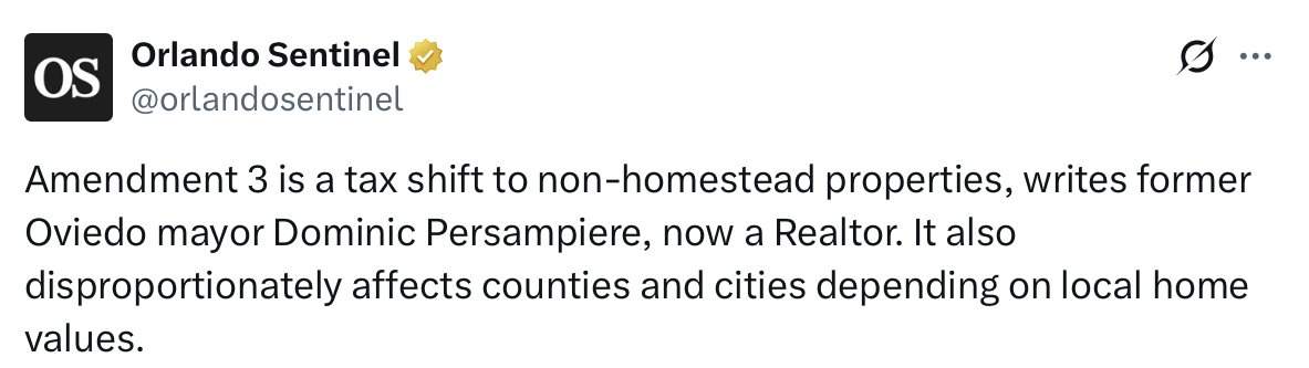RonDeSantis's tweet photo. Amendment 3 provides historic property relief for homestead properties.  It does not impose or “shift” any taxes.  In fact, commercial properties (including apartment complexes) have their property tax exposure reduced from 10% annual valuation increases under current law to 5% maximum valuation increases under Amendment 3.