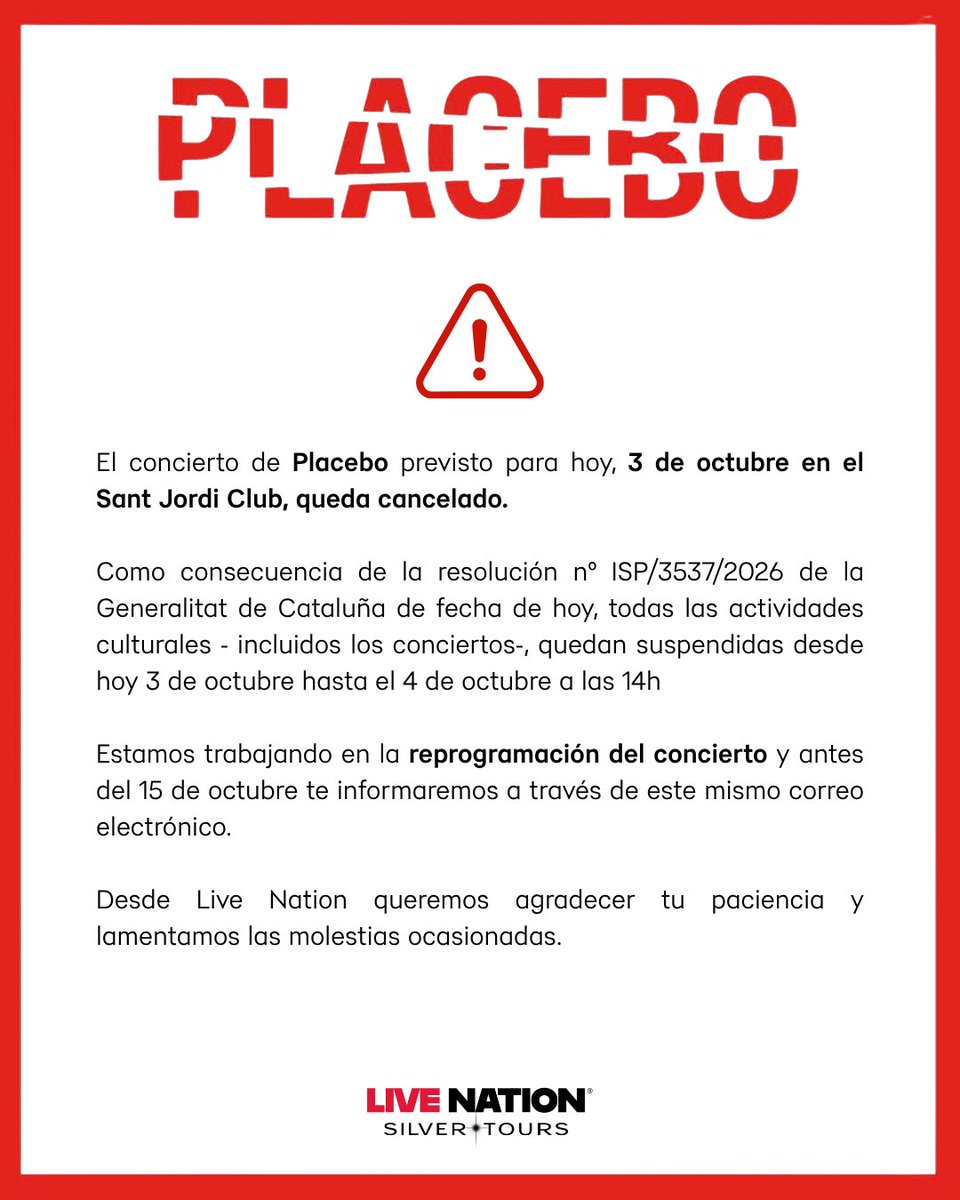 LiveNationES's tweet photo. ⚠️ Información importante sobre el concierto de Placebo en Barcelona. https://t.co/cq6x3nzybz