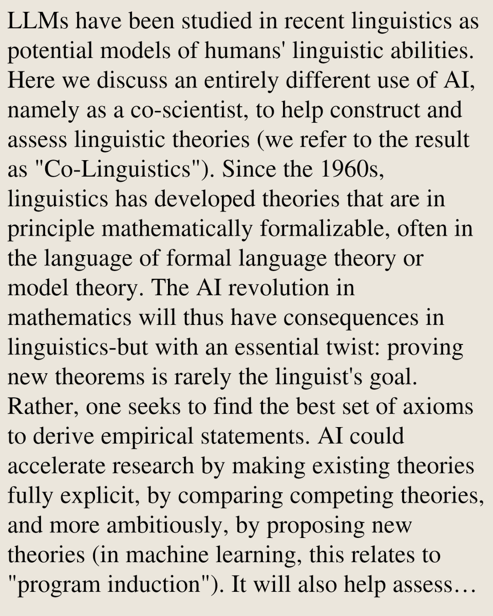 HEI's tweet photo. Co-Linguistics: AI-augmented Theory Construction in Linguistics

Emmanuel Chemla, Benjamin Spector, Alexandros Kalomoiros, Philippe Schlenker
https://t.co/S3zc78MQSE [𝚌𝚜.𝙲𝙻] https://t.co/RdkLNObres