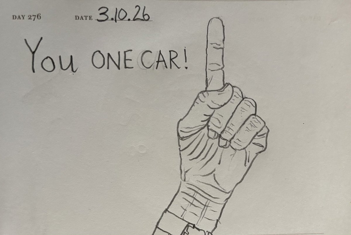 Venster67's tweet photo. One Sketch A Day 3.10.26
‘YOU ONE CAR!’
#youonecar #playonwords #onesketchaday #sketchbook #visualjournal https://t.co/eBWyUlrrPp