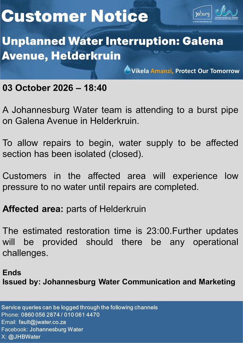 Official Johannesburg Water notice