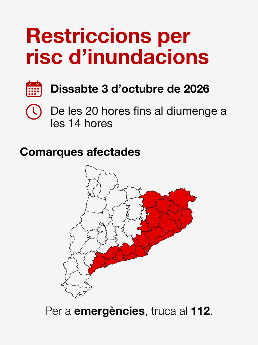 emergenciescat's tweet photo. 🔴 Es demana a la població de les 20 comarques que es poden veure afectades pel greu risc d'inundacions, que facin cas de les limitacions de mobilitat fixades entre les 20 hores i les 14 hores de diumenge

Consulta les restriccions a https://t.co/9fZ9H6sxQR

Emergència #INUNCAT https://t.co/C3uZUpOSnj