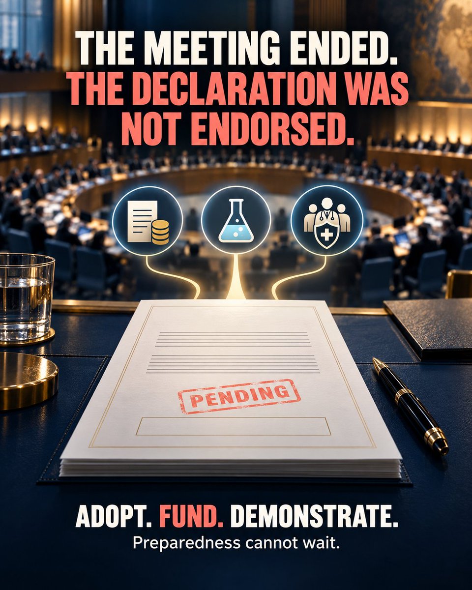AbriSeif's tweet photo. Political negotiations may pause. Pandemic threats do not.
The UN High-Level Meeting ended without endorsement of the pandemic preparedness declaration.
Now: adopt it, fund national preparedness and demonstrate capability before the next emergency.
#PandemicPreparedness #PPPR https://t.co/lZUfocUImJ