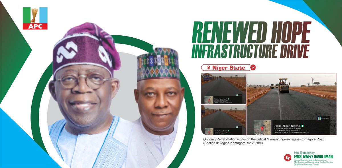 AbiodunEssiet's tweet photo. Renewed hope infrastructure in Niger State: Ongoing rehabilitation works on the critical Minna-Zungeru-Tegina-Kontagora Road (Section II: Tegina-Kontagora,
92.295km). Promised delivered, Tinubu must stay  @woye1 @OfficialAPCNg @NigerStateNG https://t.co/SzoF402brB