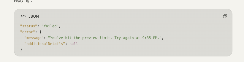 Nguyen's tweet photo. Has anyone hit a usage limit on dots?

"status": "failed",
"error": {
  "message": "You’ve hit the preview limit. Try again at 9:35 PM.",
  "additionalDetails": null
} https://t.co/jHH4YH3CVi