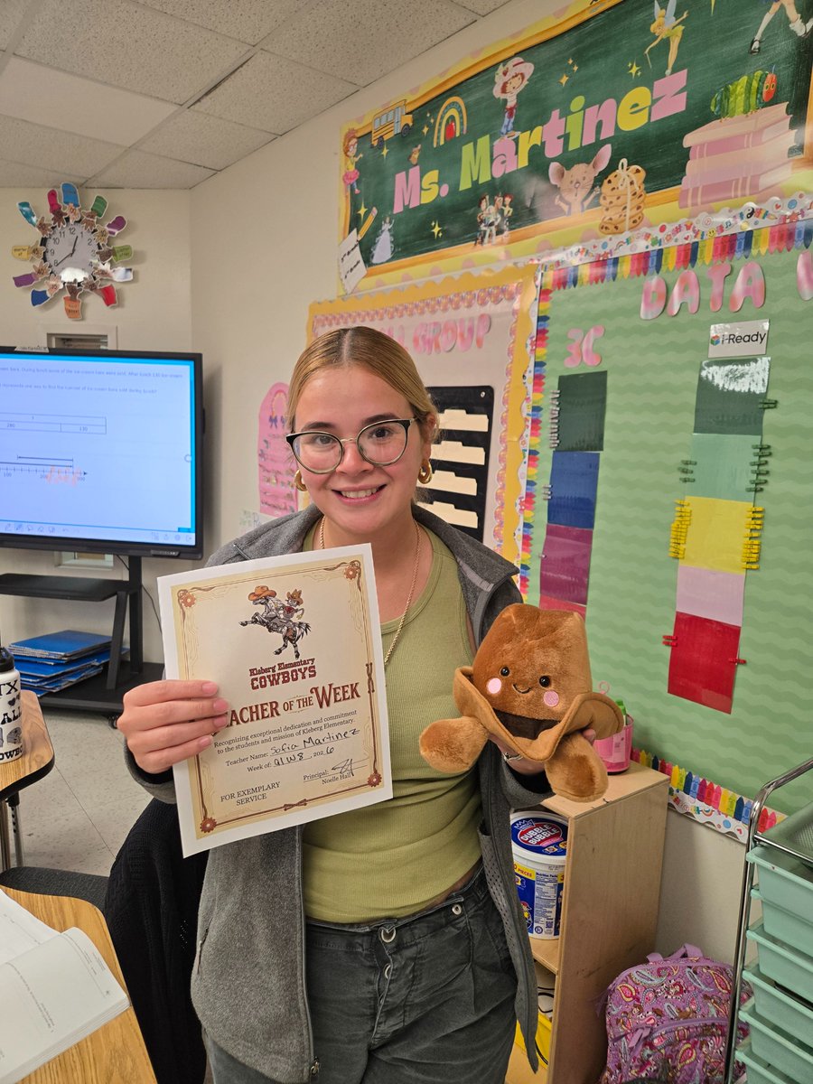 KlebergElemDISD's tweet photo. Giddy up for our Teacher of the Week, Ms. Martinez! 🤠 Moving up to 4th grade right alongside her former 3rd graders, she took on a whole new trail—and her crew hasn’t missed a single beat. Their growth this year is downright legendary! 🤠📚⭐ #TeacherOfTheWeek https://t.co/oq0lElowzL