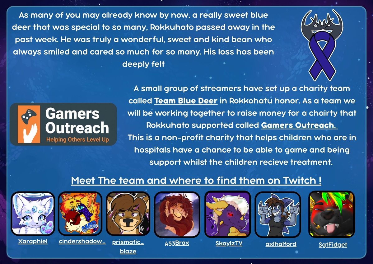 453Brax's tweet photo. Proud to announce that several streamers and I are coming together to raise money for @GamersOutreach in honor of @Rokkuhato_ with #TeamBlueDeer! Please make sure to check out all these streamers in the team! (More streamers always welcome!) Links to support are below! https://t.co/WljIh8WCeR