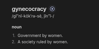 foundring1's tweet photo. The word "gynecocracy" was REMOVED from the Scrabble dictionary for being "offensive". Now why would they need to purge the concept of a society ruled by women so thoroughly that you can't even use it in a WORD game?
Is there something about this idea they don't want discussed?🤔 https://t.co/XTyC0bB74D