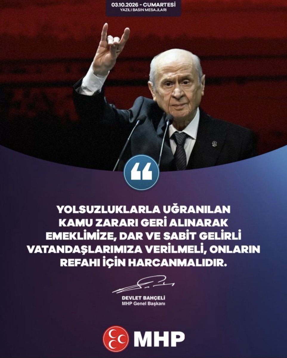 _MHPistanbul_'s tweet photo. Yolsuzluklarla uğranılan kamu zararı geri alınarak emeklimize, dar ve sabit gelirli vatandaşlarımıza verilmeli, onların refahı için harcanmalıdır.

MHP Genel Başkanı
 Devlet BAHÇELİ https://t.co/GfCsa3ZjTp
