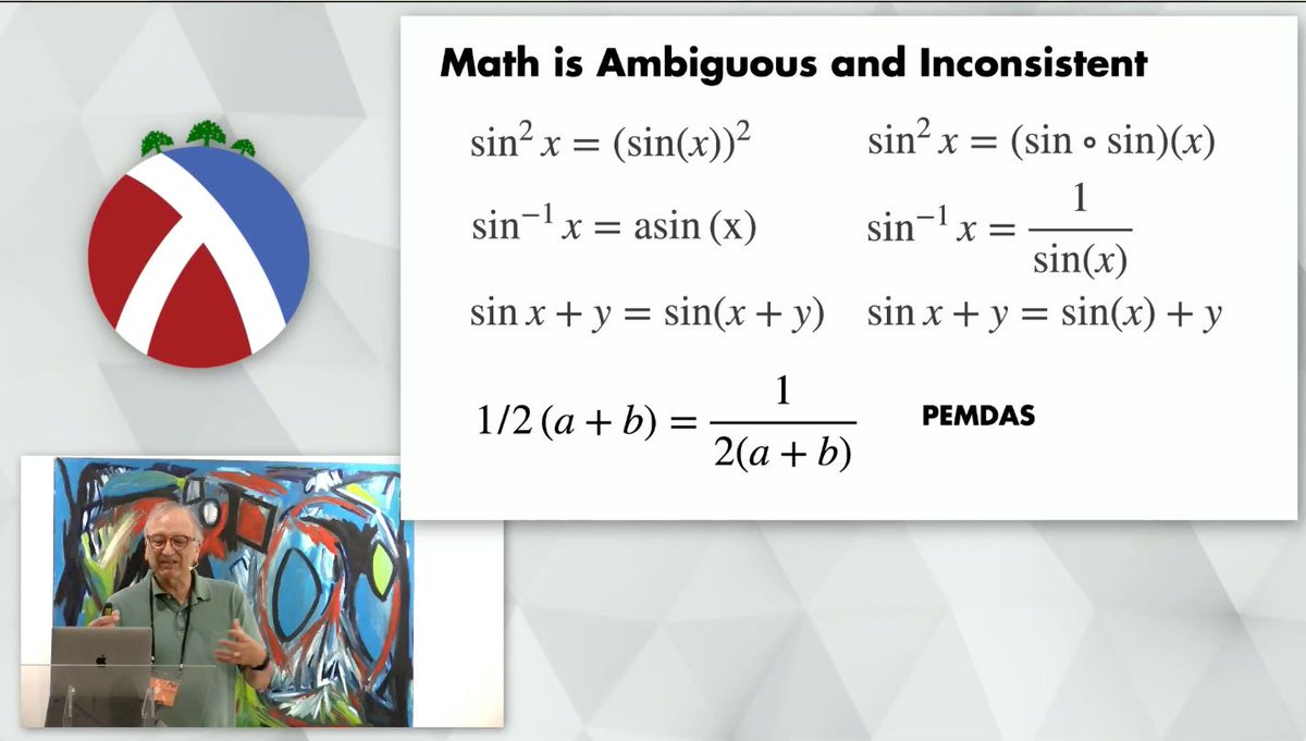 racketlang's tweet photo. Sixteenth RacketCon is underway with Pat Hanrahan delivering the keynote 'On Notation'
Slide 'Math is Ambiguous and Inconsistent'

https://t.co/dCX07PKlRn https://t.co/dMK5qd3Ujh