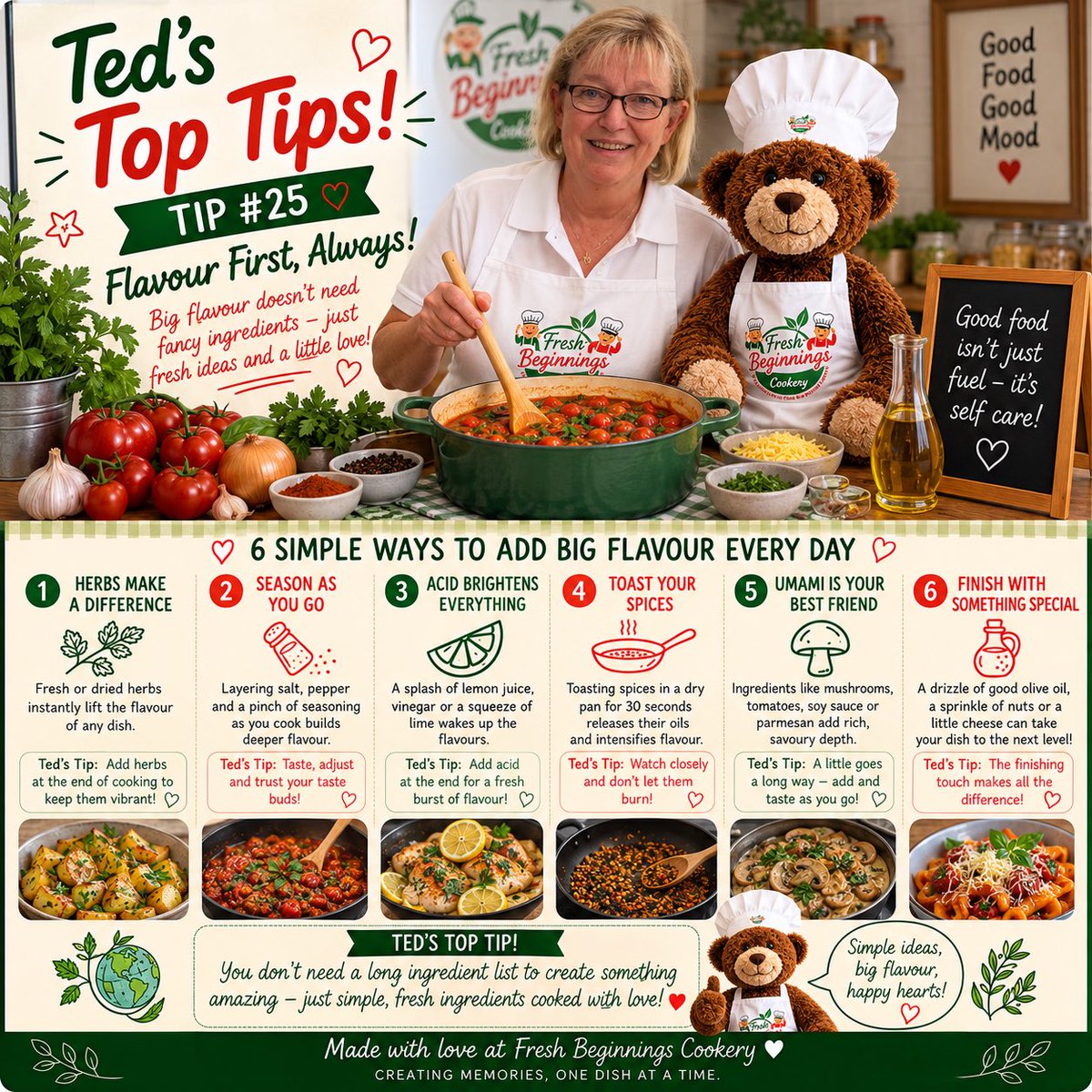FreshBeginning5's tweet photo. 🍲 “Big flavour doesn’t have to be complicated — a few simple touches can turn everyday meals into something delicious! ❤️”
#TedsTopTips #BigFlavour #HomeCooking #CookingTips #FreshBeginningsCookery https://t.co/zZItJ64AzJ
