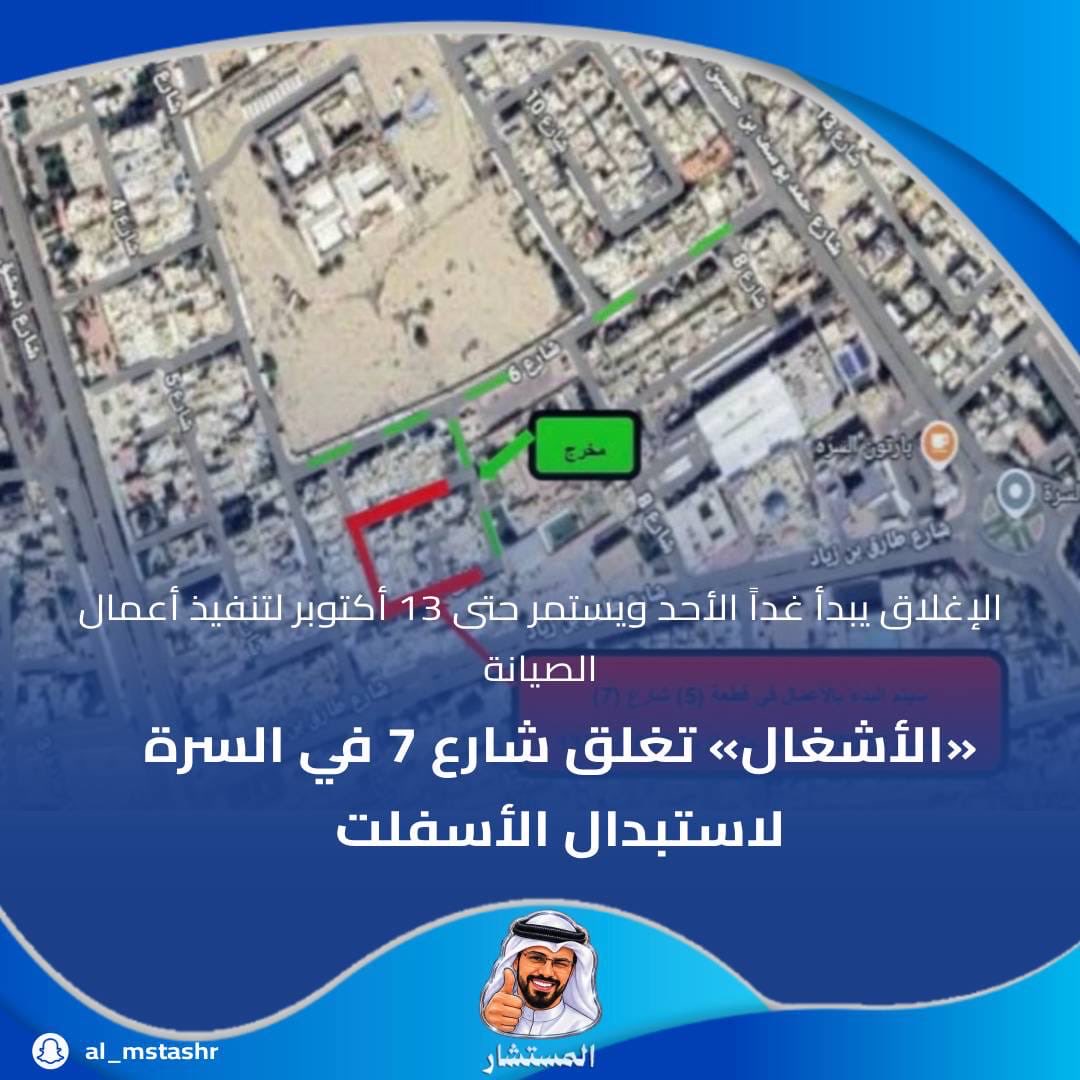 dstoory46's tweet photo. عنوان رئيسي
«الأشغال» تغلق شارع 7 في السرة لاستبدال الأسفلت

عنوان ثانوي
الإغلاق يبدأ غداً الأحد ويستمر حتى 13 أكتوبر لتنفيذ أعمال الصيانة.

#الكويت #وزارة_الأشغال #السرة #صيانة_الطرق #الأشغال_العامة https://t.co/bP1dWAPSIx