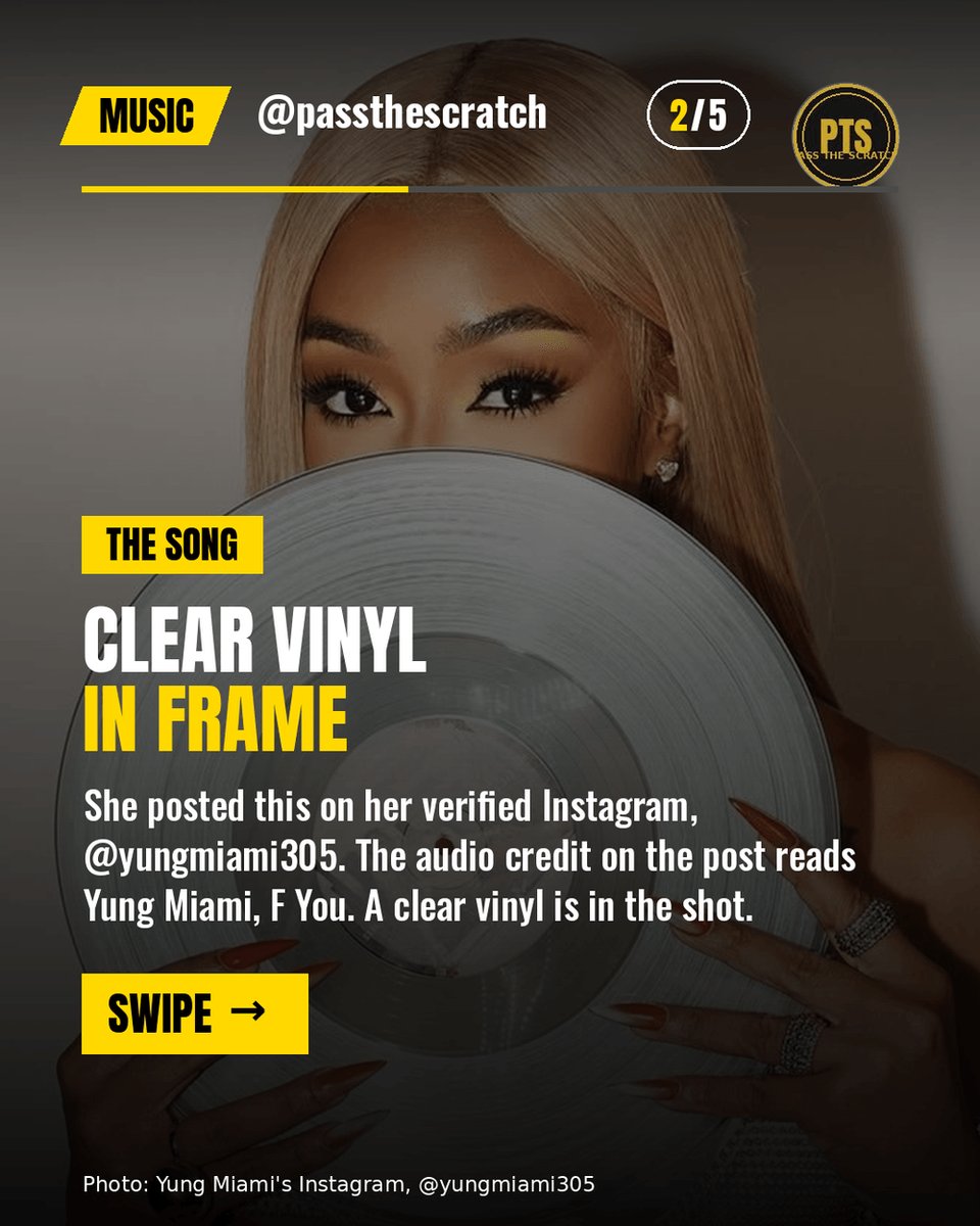 cryptonewb_e's tweet photo. Yung Miami posted a studio visual for F You. Clear vinyl, printed photos, on Instagram @yungmiami305.
Not a release date, a feature list, or a chart spot.
#YungMiami #PassTheScratch https://t.co/O1slzCMt1c