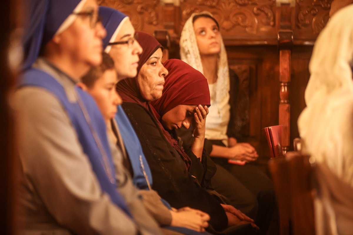alijadallah66's tweet photo. Poeple gather during the funeral ceremony for two Palestinian Christian women at the St. Porphyrios Greek Orthodox Church in Gaza City, Palestine on October 03, 2026. Meysa Hidir Ibrahim Abu Dawud and her daughter Marya Hafiz Michel Najjar were killed after an Israeli airstrike. (Photo by Ali Jadallah/Anadolu via Getty Images)