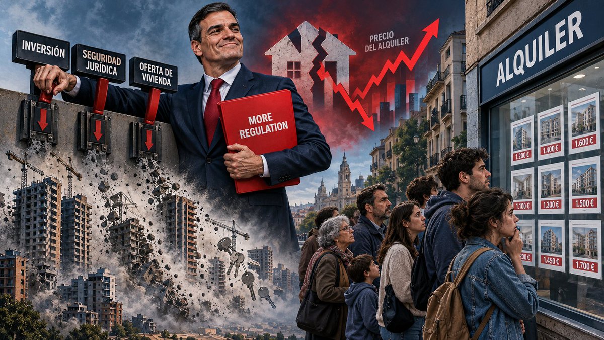dlacalle's tweet photo. El acceso a la vivienda en España no se ha destruido por casualidad. Es el resultado directo de la política socialista que castiga al ahorrador, al propietario y al promotor, hunde la oferta y después culpa al "mercado" de los daños que los socialistas han empeorado.

Desde la llegada de Sánchez:

❌Los precios del alquiler han subido un 40%. La vivienda un 50%

❌Han desaparecido 300.000 viviendas del mercado de alquiler de largo plazo.

❌La promesa de 270.000 viviendas públicas ha sido una mentira más. Sánchez es el presidente que menos vivienda pública ha construido.

❌Los salarios reales netos han caído. Los impuestos y la inflación se comen la subida.

❌España arrastra un déficit de vivienda de más de 700.000 casas desde 2019, mientras aumenta la demanda, se incentiva la inmigración y se ahoga la construcción.

❌El Estado ha recaudado cerca de 52.000 millones de euros ligados a la vivienda mientras los precios se disparaban.

❌Aproximadamente el 24% del precio final de una vivienda son impuestos.

❌La Ley de Vivienda no ha abaratado el alquiler. Ha reducido masivamente la oferta (entre un 40 y 50%) donde se ha aplicado, ha elevado la inseguridad jurídica y ha expulsado viviendas del alquiler permanente.

❌Sánchez premia a los inqui-okupas y morosos y perjudica a todo el que crea riqueza.

Para el inquilino, el resultado es devastador: menos oferta, alquileres más caros, más requisitos, menos movilidad y una búsqueda de vivienda convertida en una odisea.

No hay un “problema de caseros”. Hay un problema de gobierno, de oferta, impuestos, burocracia e inseguridad jurídica.

El socialismo no resuelve el problema. Lo empeora, lo politiza y lo utiliza para enfrentar a españoles contra españoles.

No es un error. Es una estrategia para crear caos y una sociedad dependiente.