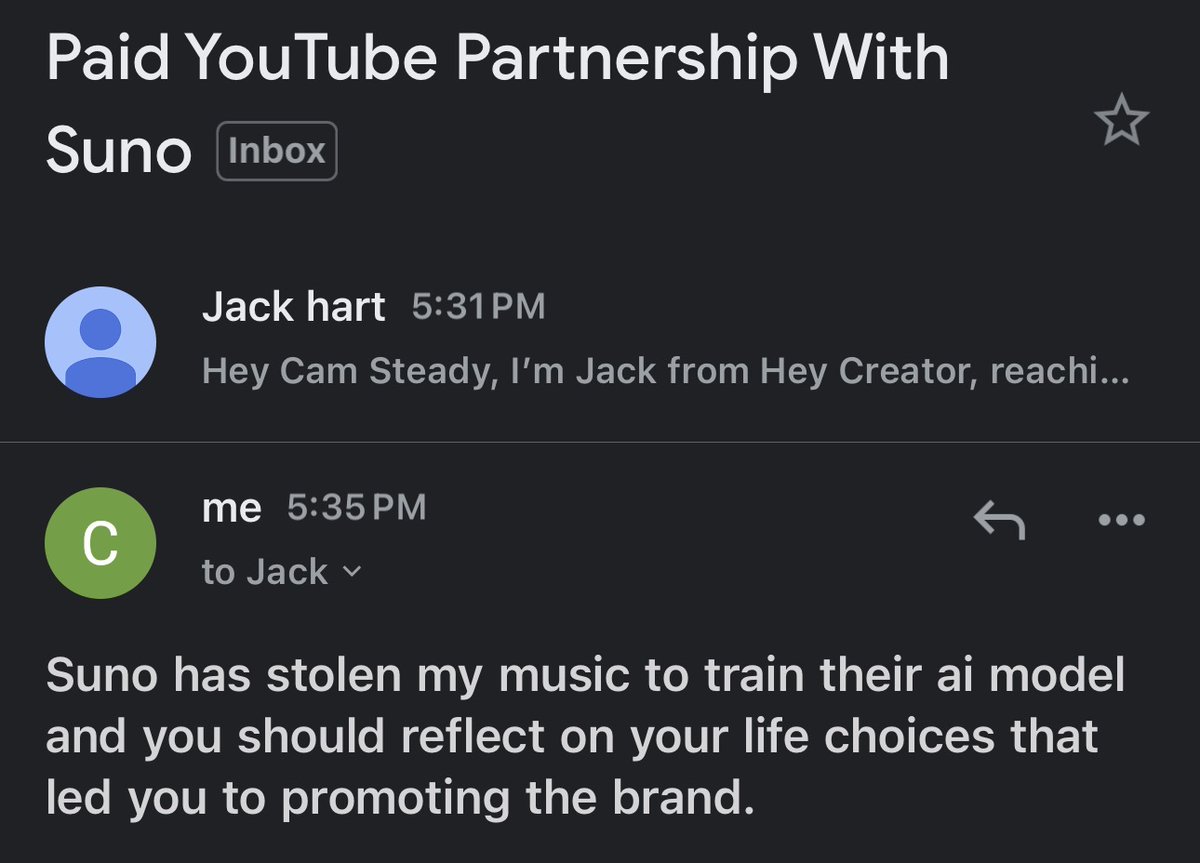 TheCamSteady's tweet photo. i will quit music and return to my desk job before i ever promote ai music models. https://t.co/a7QDlakfgZ