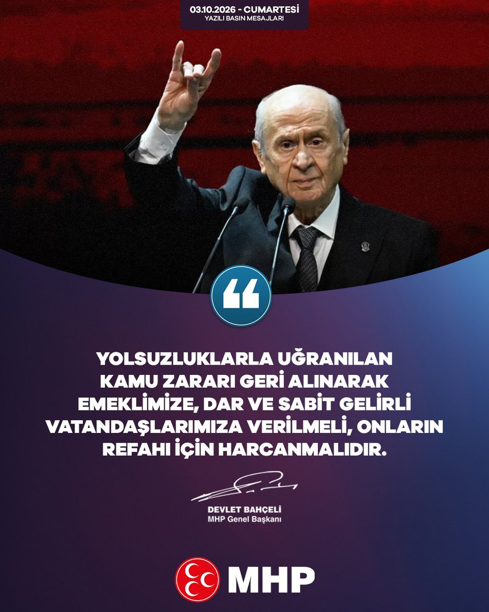 Ulku_Ocaklari's tweet photo. Yolsuzluklarla uğranılan kamu zararı geri alınarak emeklimize, dar ve sabit gelirli vatandaşlarımıza verilmeli, onların refahı için harcanmalıdır.

MHP Genel Başkanı
 Devlet BAHÇELİ https://t.co/bk4vGh0g0k