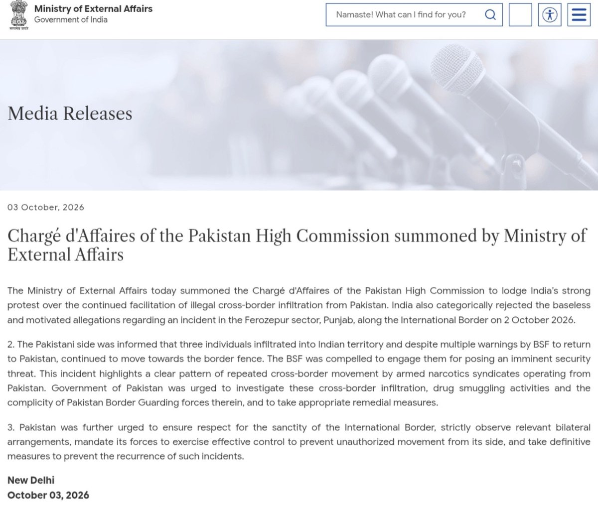 sidhant's tweet photo. Breaking:

India summons Pakistani CdA in Delhi

lodges strong protest over the continued "facilitation of illegal cross-border infiltration" from Pakistan. https://t.co/vfqONqtwL2