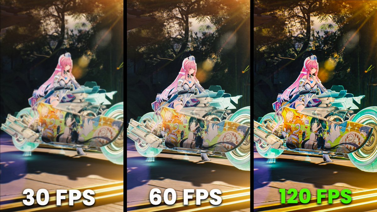 A side-by-side comparison shows the same anime-style scene of a pink-haired character on a decorated futuristic motorcycle rendered at '30 FPS', '60 FPS', and '120 FPS' to demonstrate framerate differences.