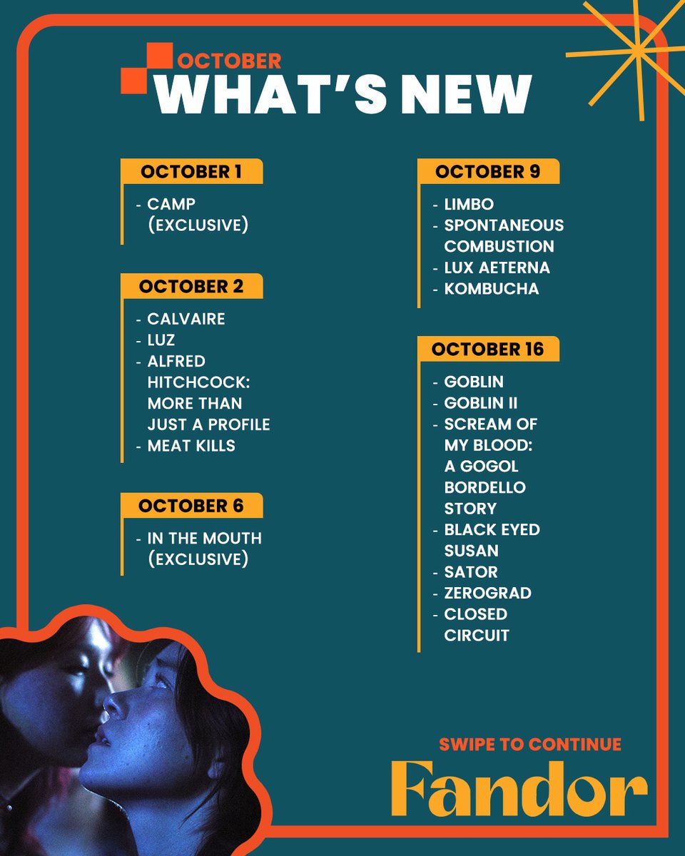 Fandor's tweet photo. Whether you're screaming your lungs out or CAMPing out the BALEARIC islands, Fandor has the perfect mix of Autumn calm and Hallowen spooks to fall into this October.

Stream them this month – for the love of film!

https://t.co/RRqR1oOCTA https://t.co/ki1A4OrqaR