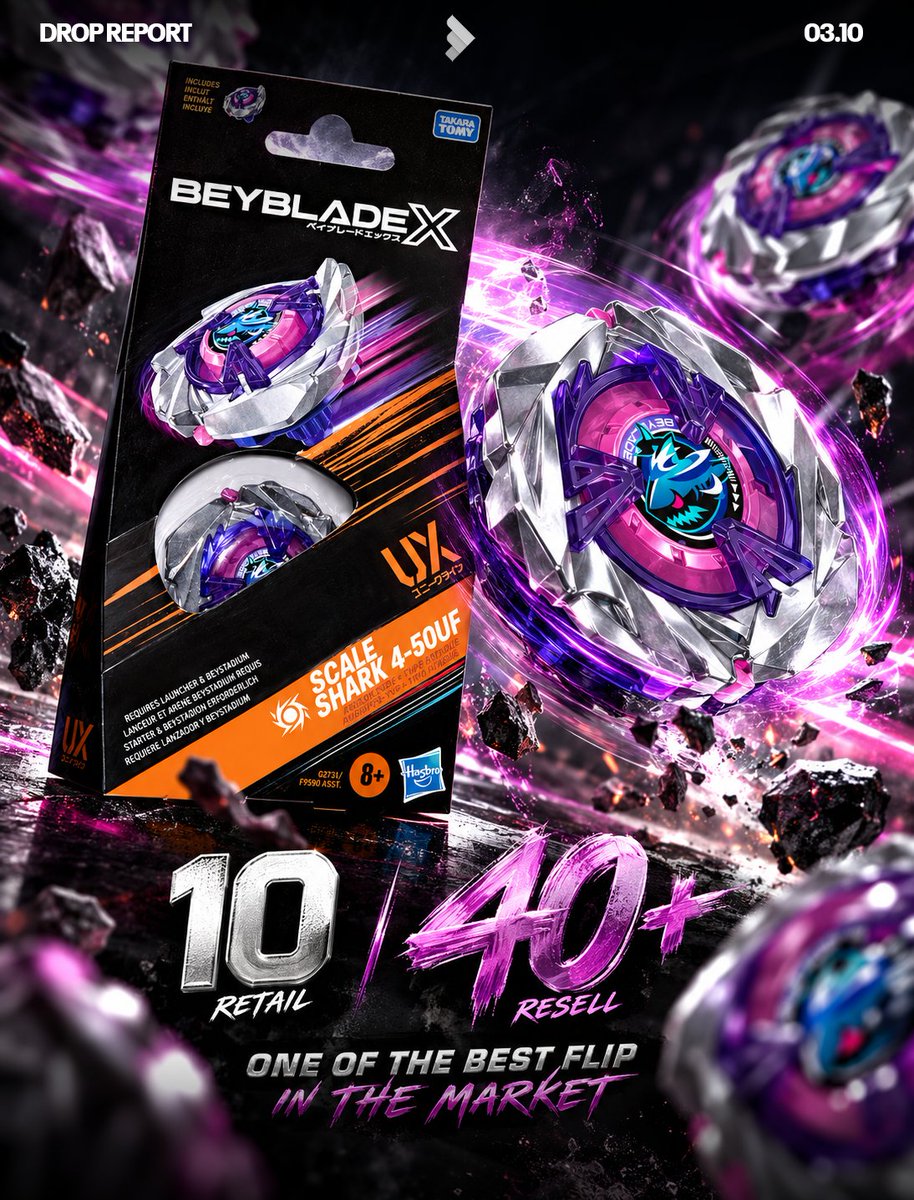 TheDropView's tweet photo. 🚨 BEYBLADE X SCALE SHARK 4-50UF 🦈

One of the best flips on the market right now.

Retail: ~€10
Resell: €40+ 📈
Crazy ROI on such a low-cost item — definitely one to keep on your radar.

Join TDV — we get everything at retail. https://t.co/1JK4UXFoWW