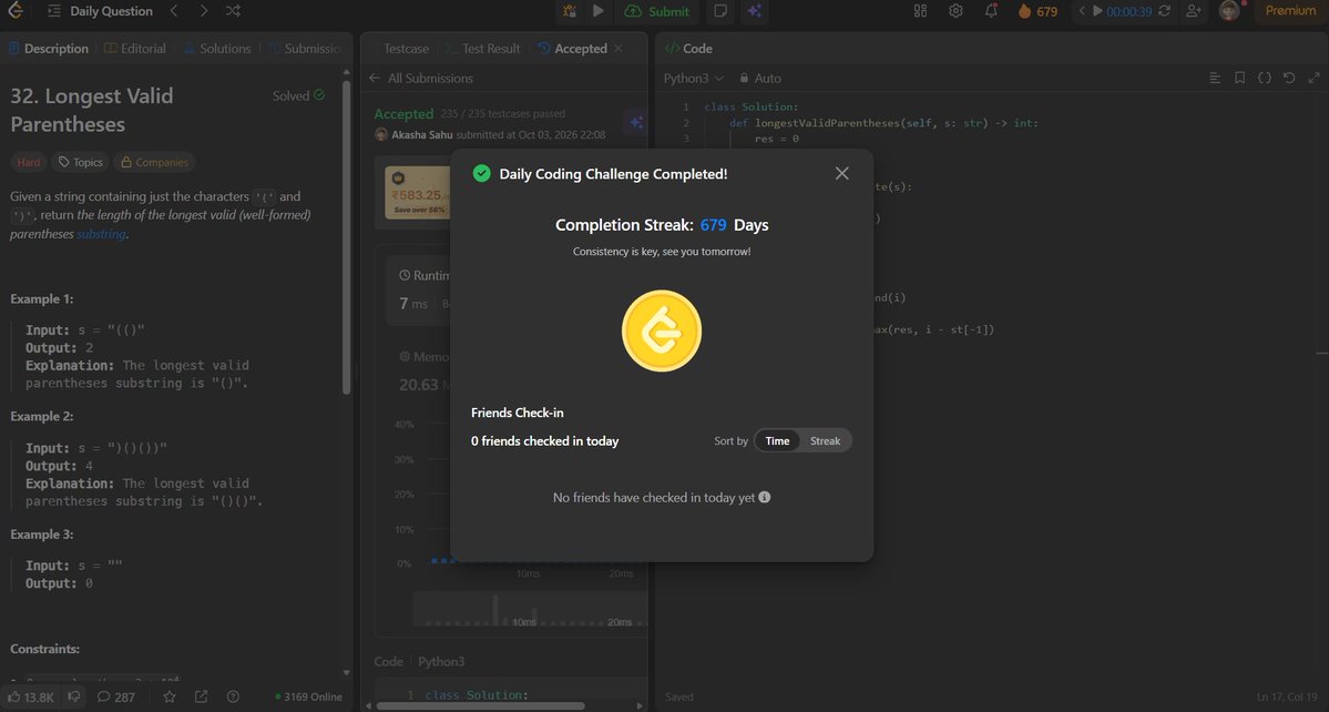 akashasahu07's tweet photo. Day - 679
Solved a backtracking problem today ⚡
Generated all valid parentheses combinations by tracking the count of opening and closing brackets.
#1000DaysOfCode #LeetCode #DSA #Python #Backtracking https://t.co/Za0L7viKzI