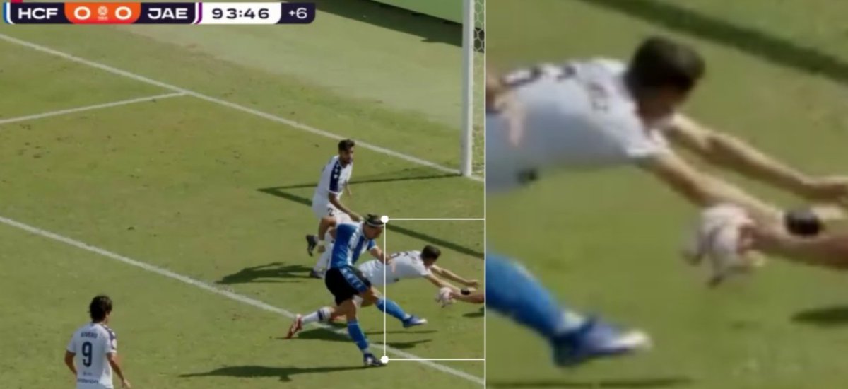 jmvp29's tweet photo. @oriolsolde10 Y el sumun del central portero. Pero si se llega a pedir revisión. Estoy seguro que el arbitro habría dicho que no es penalti. Es su posición  natural. 
Sr. Presidenta de la 1 RFEF. No somos un equipo de su tierra. Pero tratenos con cariño que nos lo merecemos. 😉Gracias. https://t.co/tihKc8UELo