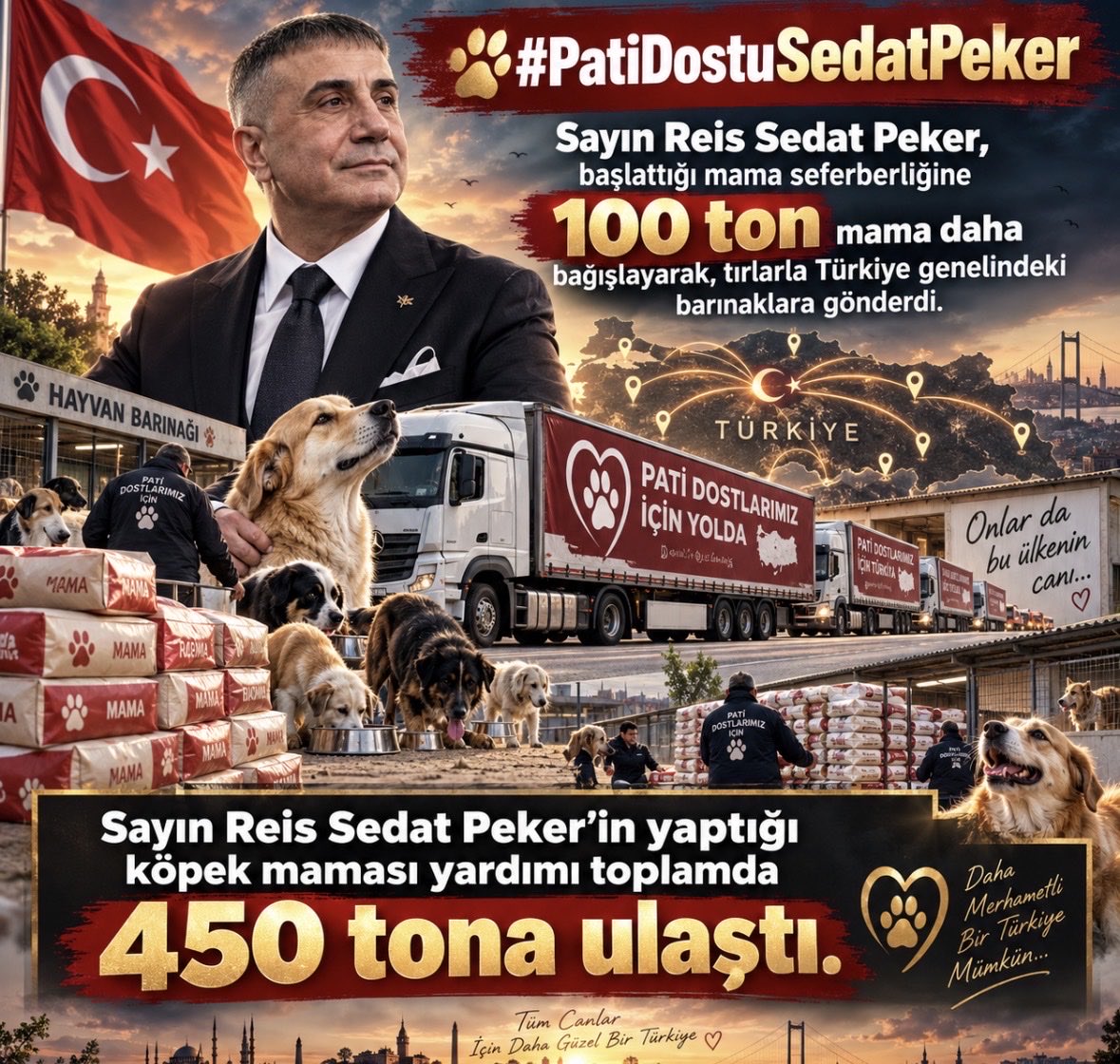 celalcanaydin's tweet photo. Sayın Reis Sedat Peker, başlattığı mama seferberliğine 100 ton mama daha bağışlayarak, tırlarla Türkiye genelindeki barınaklara gönderdi.

Sayın Reis Sedat Peker’in yaptığı köpek maması yardımı toplamda 
450 tona ulaştı.

#PatiDostuSedatPeker
@sedat_peker #sedatpeker https://t.co/xNlfCWcI6Y