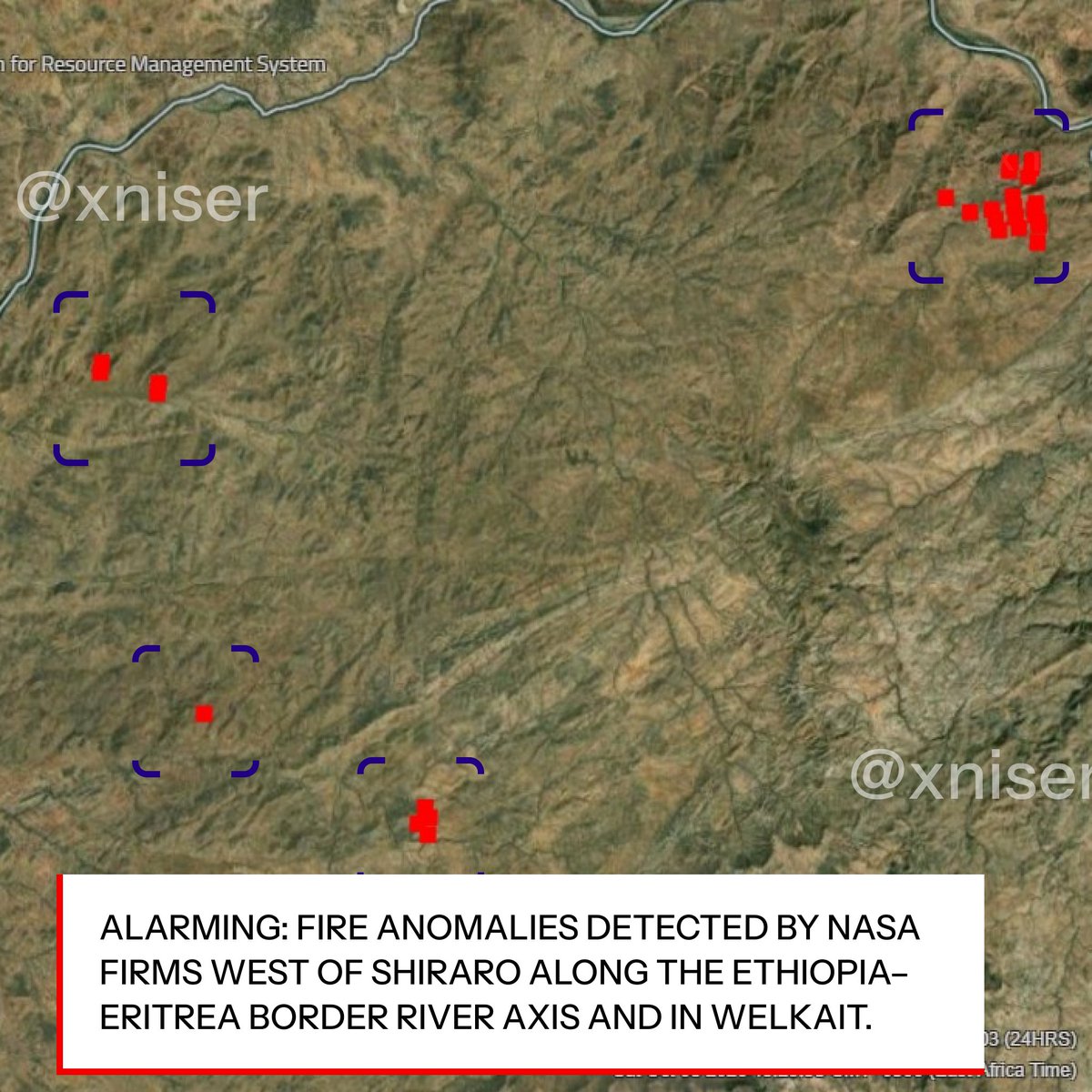 xniser's tweet photo. ALARMING 🚨: Fire anomalies detected by NASA FIRMS west of Shiraro along the #Ethiopia–#Eritrea border river axis and in Welkait. 

This coincides with reports of heavy #ENDF drone strikes targeting TPLF positions in the sector. 

📍14°24'29.56"N 37°19'46.02"E

#OSINT #Tigray https://t.co/Azu2JzEBLV