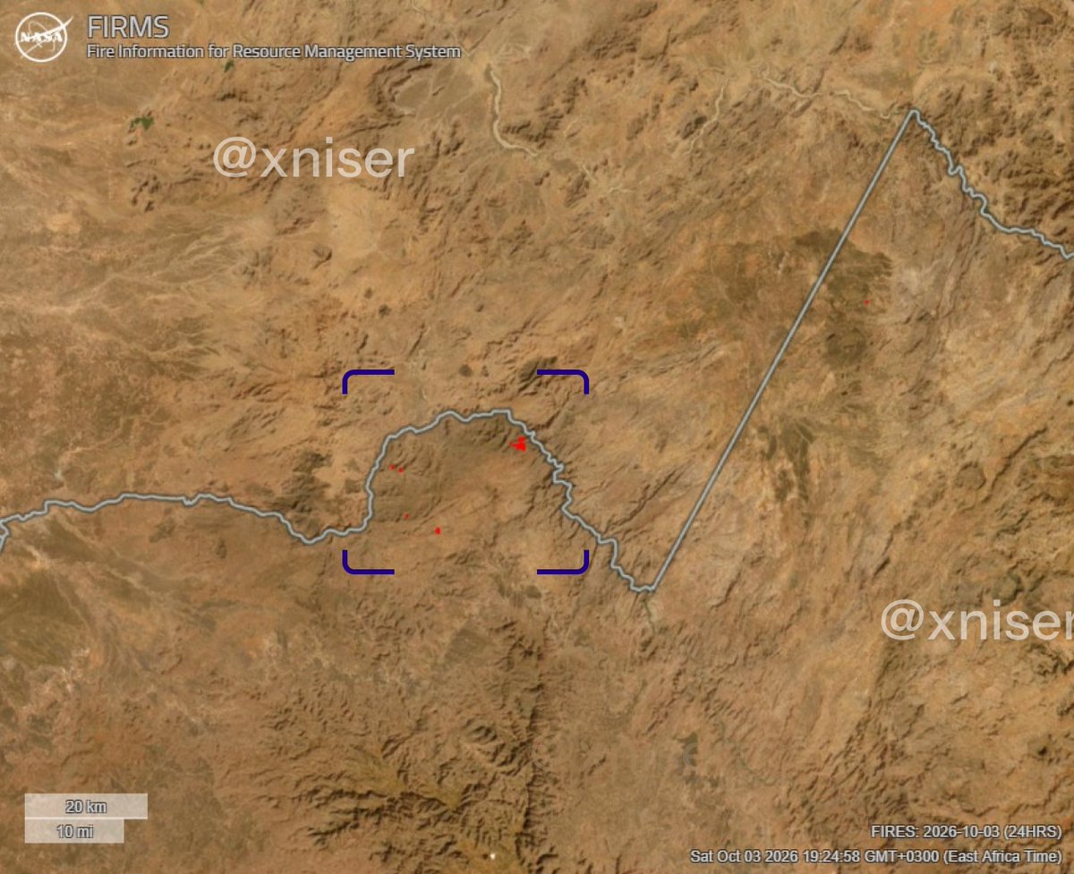 xniser's tweet photo. ALARMING 🚨: Fire anomalies detected by NASA FIRMS west of Shiraro along the #Ethiopia–#Eritrea border river axis and in Welkait. 

This coincides with reports of heavy #ENDF drone strikes targeting TPLF positions in the sector. 

📍14°24'29.56"N 37°19'46.02"E

#OSINT #Tigray https://t.co/Azu2JzEBLV