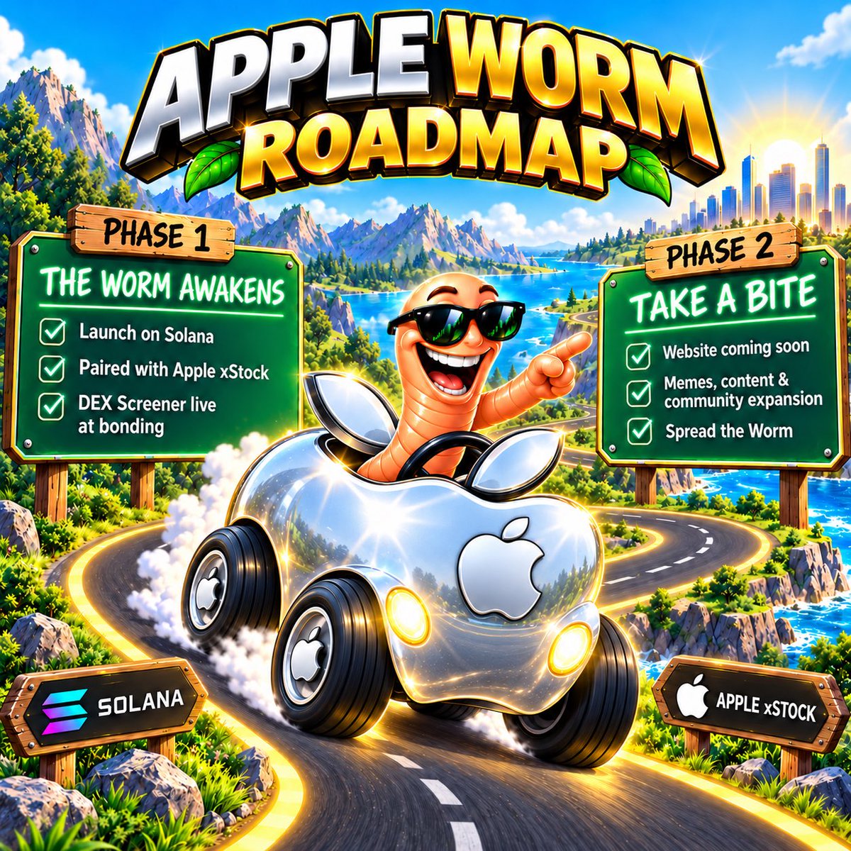 AppleWormGood's tweet photo. 🍎🪱 APPLE WORM ROADMAP
PHASE 1 

— THE WORM AWAKENS 🍎 Launch on Solana 🍎 Paired with Apple xStock 🍎 DEX Screener live at bonding

PHASE 2 

— TAKE A BITE 🌐 Website coming soon 🎨 Memes, content &amp; community expansion 🪱 Spread the Worm

#Solana #SolanaCrypto https://t.co/ml4RuHzNLi