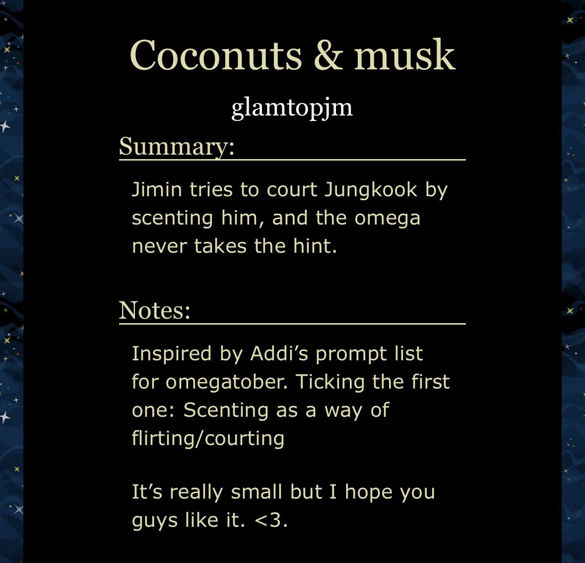 glamtopjm's tweet photo. » Coconuts &amp; Musk « 

{ 2.6k • complete }

🥥 Scenting • Omegaverse
🥥 Alpha JM x Omega JK
🥥 Omegaversetober Day 1

🥥: https://t.co/SyNUuDpr5V https://t.co/cwAAksA96E