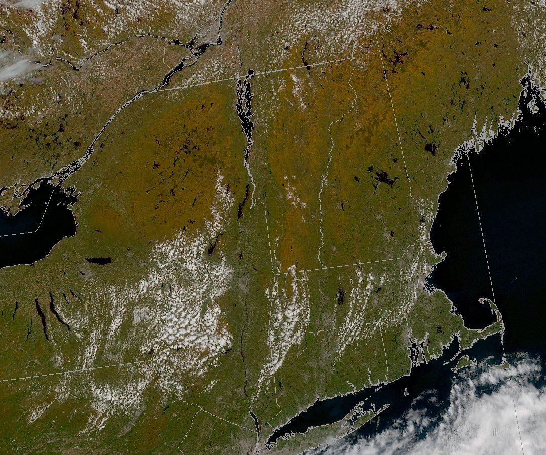 NWSBurlington's tweet photo. Clear skies and cool temperatures prevail across the region today, making for a pretty perfect fall day .

Looking at satellite, you can see the progression of the fall foliage 🍂 across the region, with many places in the mountains reaching peak this weekend. https://t.co/QAgKsNv1ds