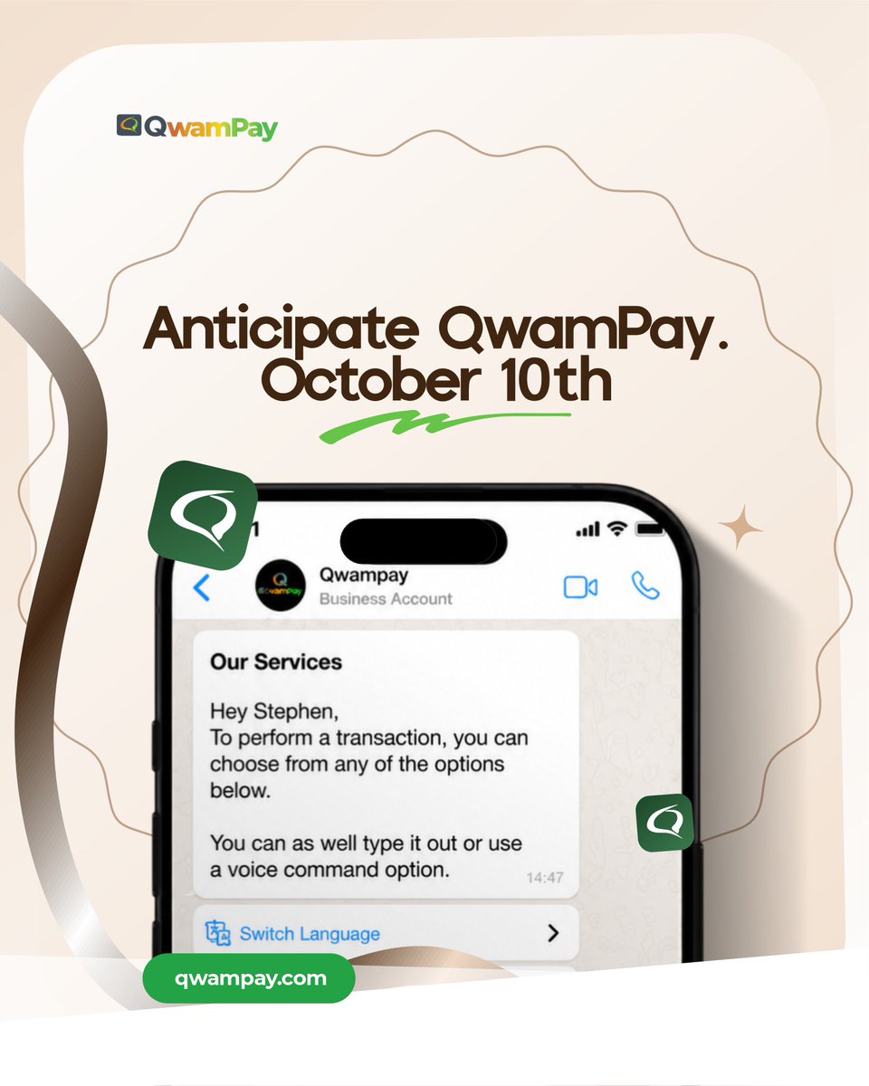 QwamPay's tweet photo. Banking that speaks your language is almost here. 🗣️💚

No complicated apps. No banking jargon. Just you, WhatsApp, and a smarter way to move your money.

QwamPay goes live October 10th. Get ready!

Oh and of course, join our waitlist! Link in Bio 🔗 

#FintechNigeria #QwamPay https://t.co/1dCDIq3bCH