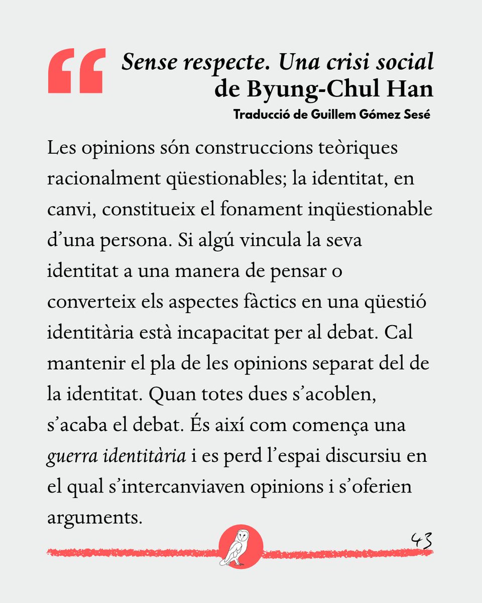 FiloEscola's tweet photo. Aquest assaig de Han que acaba de sortir investiga una qüestió molt pertinent que és la manca de respecte. En societats cada cop més polaritzades en què el món digital no ens permet veure el rostre de l'altre convé no perdre de vista ni el tacte ni la cortesia ni la dignitat. https://t.co/Fam1jyQbWm