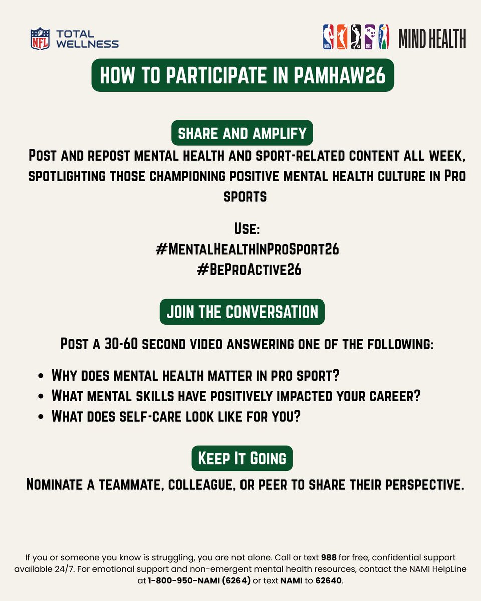 NFLFootballOps's tweet photo. This week and every week, let's prioritize mental wellness, support our teammates, and remind one another that asking for help is a sign of strength.

#NFL #NBA #MentalHealthInProSport26
#BeProActive26 https://t.co/4oBxdMRPSX