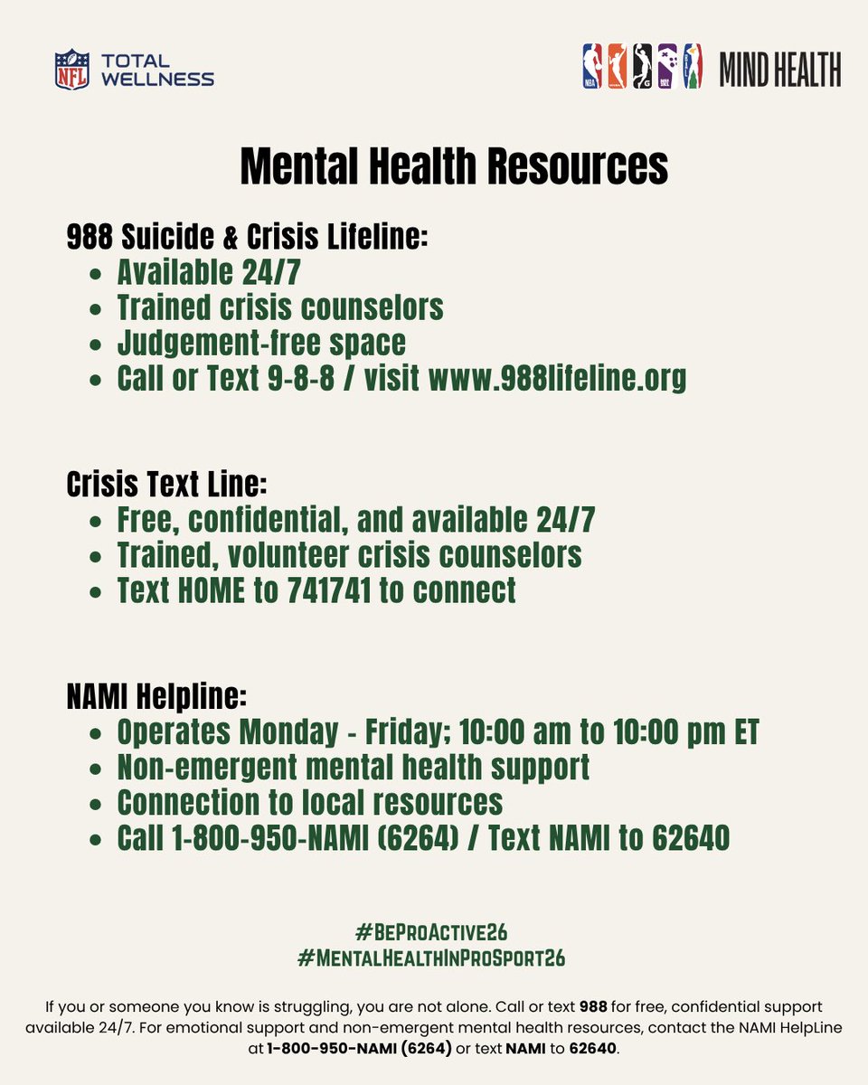 NFLFootballOps's tweet photo. This week and every week, let's prioritize mental wellness, support our teammates, and remind one another that asking for help is a sign of strength.

#NFL #NBA #MentalHealthInProSport26
#BeProActive26 https://t.co/4oBxdMRPSX