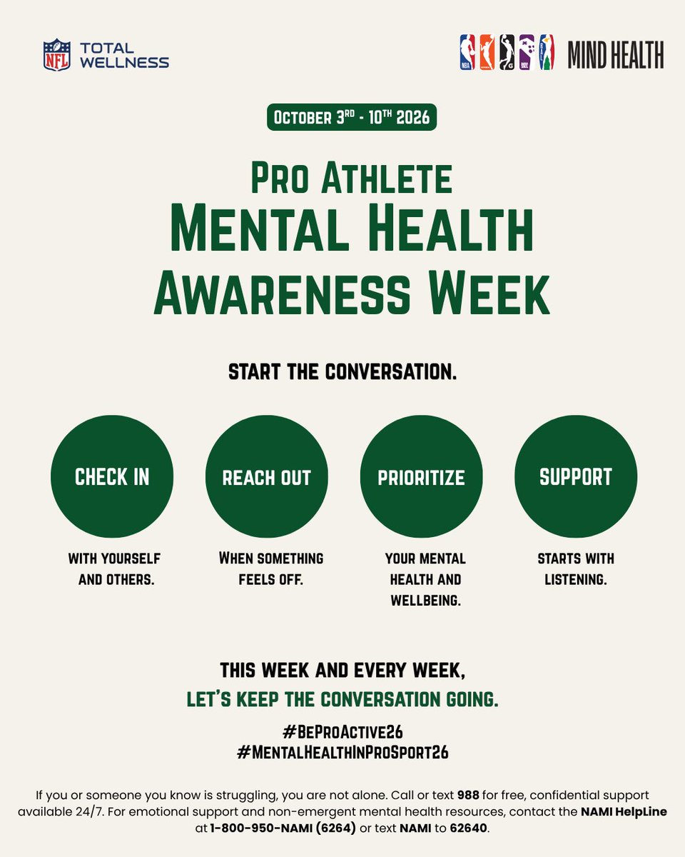 NFLFootballOps's tweet photo. This week and every week, let's prioritize mental wellness, support our teammates, and remind one another that asking for help is a sign of strength.

#NFL #NBA #MentalHealthInProSport26
#BeProActive26 https://t.co/4oBxdMRPSX