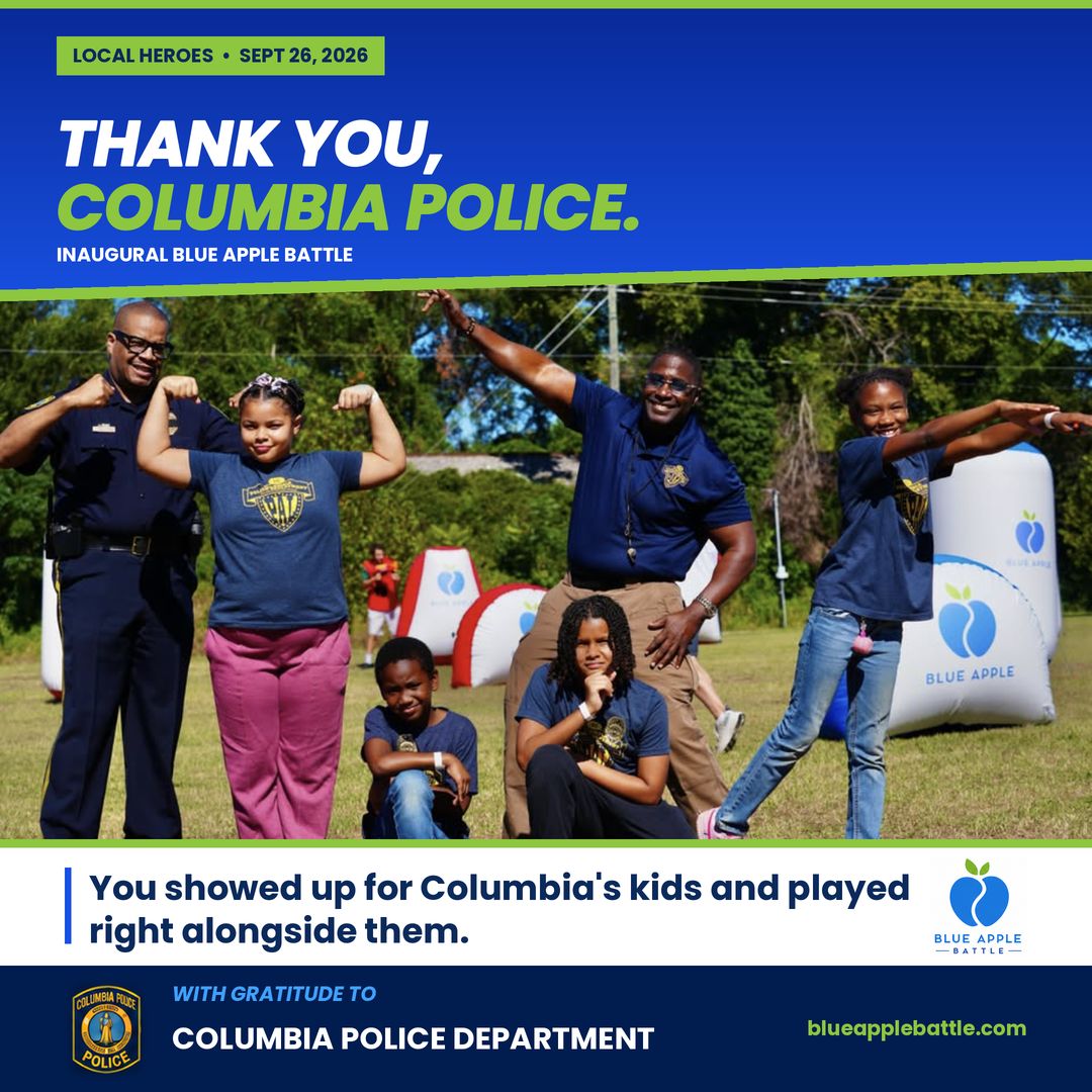BlueAppleBattle's tweet photo. Last Saturday was the first Blue Apple Battle. Thank you, @ColumbiaPDSC. Your officers showed up for Columbia's kids and played right alongside them. #BlueAppleBattle #LocalHeroes #YouthPrevention #CommunityPartners https://t.co/WkOYILlOqu