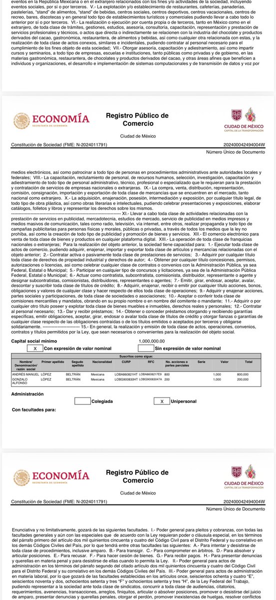 jorgegogdl's tweet photo. Chocolates Rocío, empresa que fue constituida por 1 millón de pesos por Andy López Beltrán y Bobby en 2024, no solo vende chocolates, tiene 13 objetos sociales desde vender bebidas alcohólicas,operar bares, hacer campañas publicitarias y participar en licitaciones de gobierno. https://t.co/1BukDWJf7a