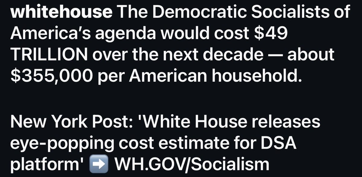 lu_lovesboxing's tweet photo. If anyone is wondering about the cost of #Socialism this may help (because nothing is free). It is estimated that the #DSA agenda would cost $49 TRILLION dollars over the next decade.  That’s $355,000 per American household!!! #midterms #Midterms2026 #MidtermsAreComing https://t.co/Wo30lck8Or