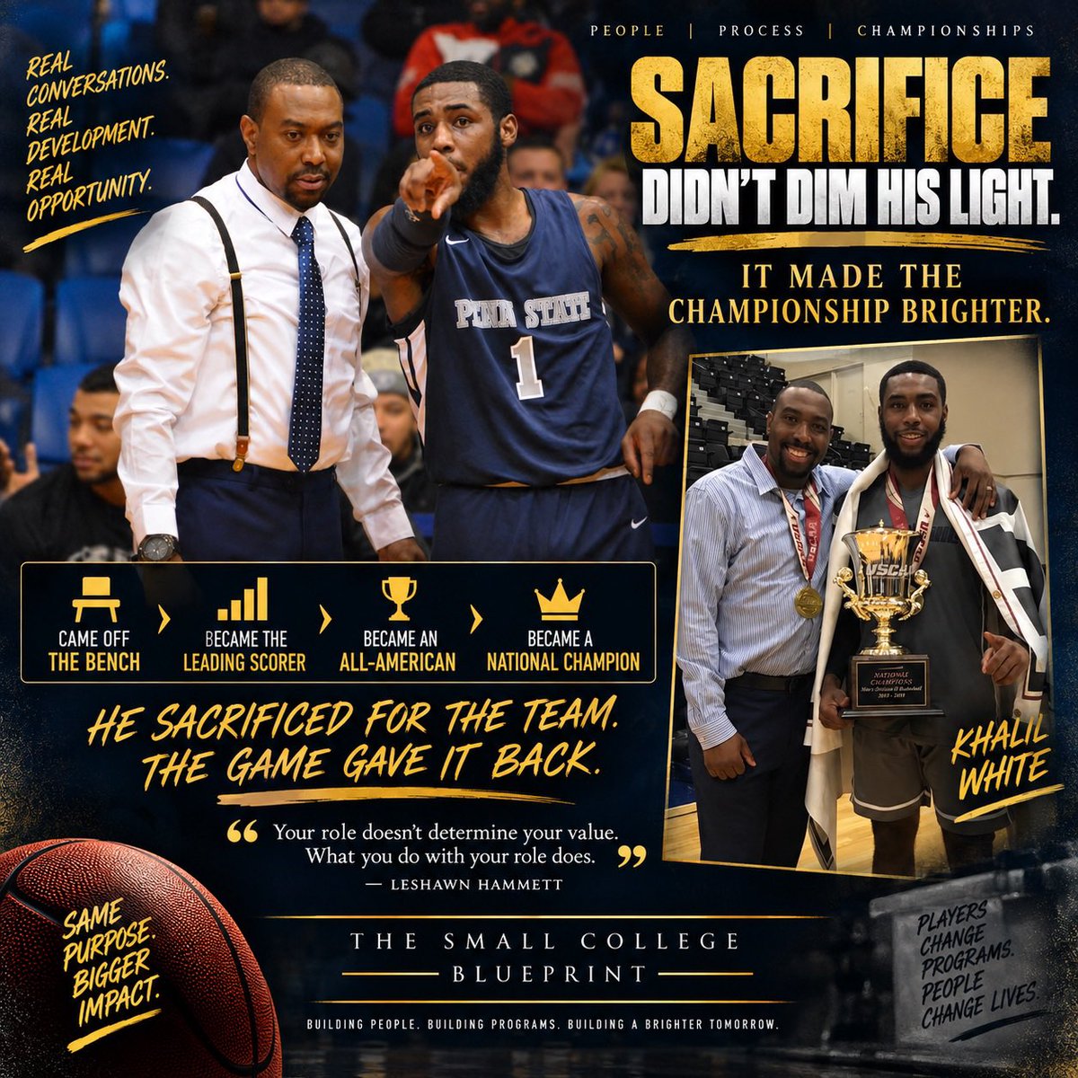 SmallCollegeBP's tweet photo. Khalil White. 🏆

Came off the bench.
Became a leading scorer.
1st Team All-American.
1,000-point scorer.
National Champion.

He sacrificed for the team — and the game gave it back.

“Your role doesn’t determine your value. What you do with your role does.” https://t.co/Dp6CAn7Ff2