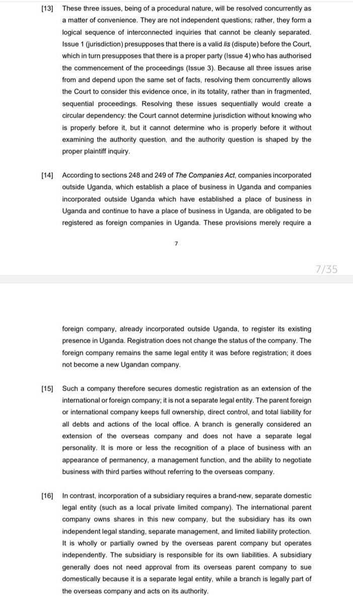 SilverKayondo's tweet photo. Justice Mubiru contextualising a foreign company vs a subsidiary vs a branch office under the Ugandan Companies Act

Salini Constructori SpA vs AG &amp; UNRA (2026)

A Società per Azioni (S.p.A.) is a form of corporation in Italy meaning company with shares/joint-stock company https://t.co/2ZOdaGki0Q